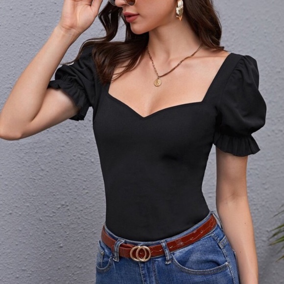 Tops - Boho Black  Sweetheart Puff Sleeve Ruffle Top